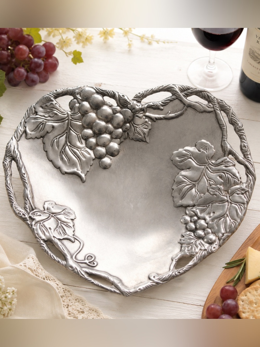 Arthur Court Silver Grape Vine Heart Serving Bowl Wine Lover, Wedding, Decor